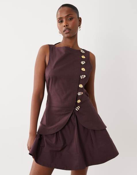 ASOS DESIGN - Vestito corto stile gilet color cioccolato in misto lino con gonna in popeline - view 1
