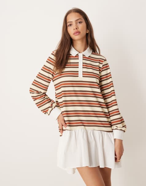 ASOS DESIGN - Vestito corto stile rugby ibrido a maniche lunghe a righe multicolore - view 1