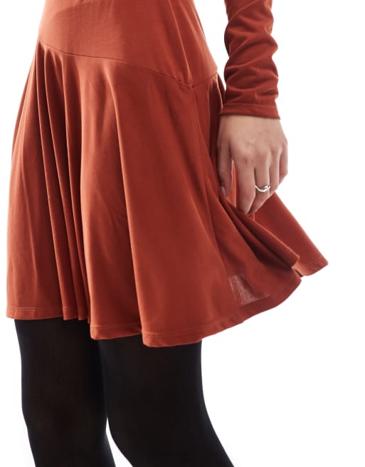ASOS DESIGN - Vestito corto stile skater accollato a maniche lunghe bordeaux, 3 di 4