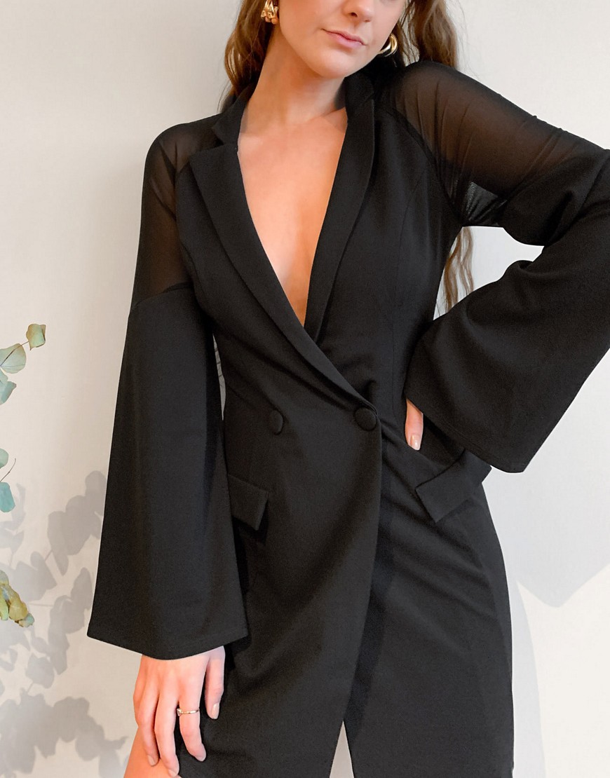 Vestito corto stile smoking oversize con spalle scoperte e maniche in tessuto a rete nero - ASOS DESIGN  donna Nero - immagine3