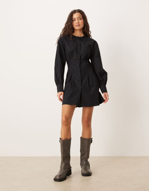 ASOS DESIGN - Vestito corto stretto in vita nero con scollo rotondo e bottoni, 2 di 4