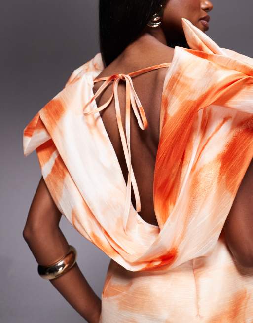 ASOS DESIGN - Vestito corto strutturato arancione con stampa astratta e scollo profondo, 4 di 4