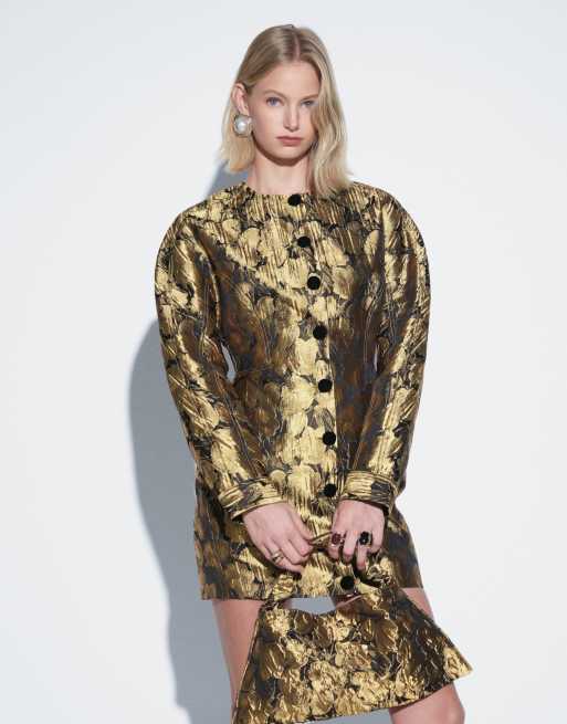 ASOS DESIGN vestito corto strutturato con bottoni e girocollo a fiori dorati, 1 di 4