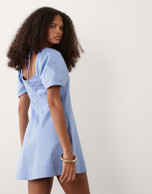 ASOS DESIGN - Vestito corto strutturato in cotone blu crepuscolo con scollo squadrato e fascetta sul retro, 4 di 4