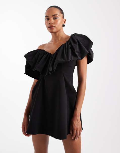 ASOS DESIGN - Vestito corto strutturato monospalla nero con scollo in taffetà elasticizzato a contrasto - view 1