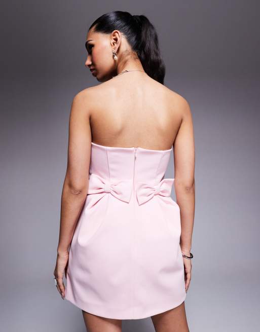 ASOS DESIGN - Vestito corto strutturato rosa pallido con fiocchi e corpino arrotondato, 4 di 4