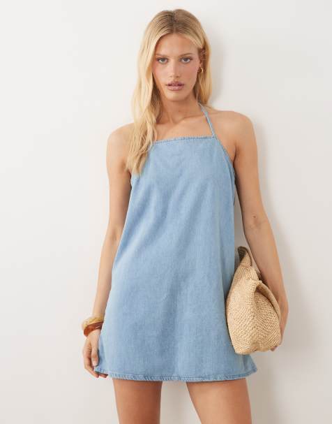 ASOS DESIGN - Vestito corto svasato accollato in denim lavaggio candeggiato - view 1