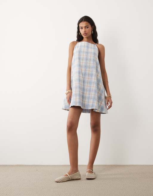 ASOS DESIGN - Vestito corto svasato blu a quadri con scollo a barchetta, 4 di 4