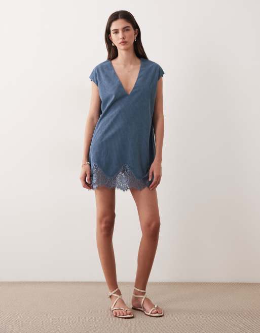 ASOS DESIGN - Vestito corto svasato blu denim in velluto a coste con finiture in pizzo, 2 di 4