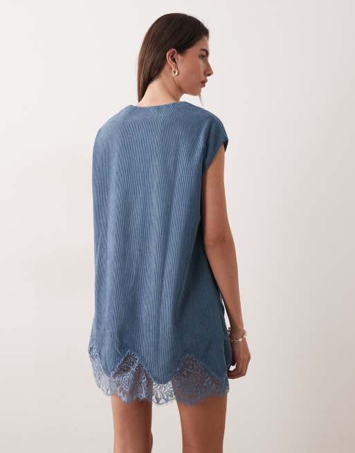 ASOS DESIGN - Vestito corto svasato blu denim in velluto a coste con finiture in pizzo, 4 di 4