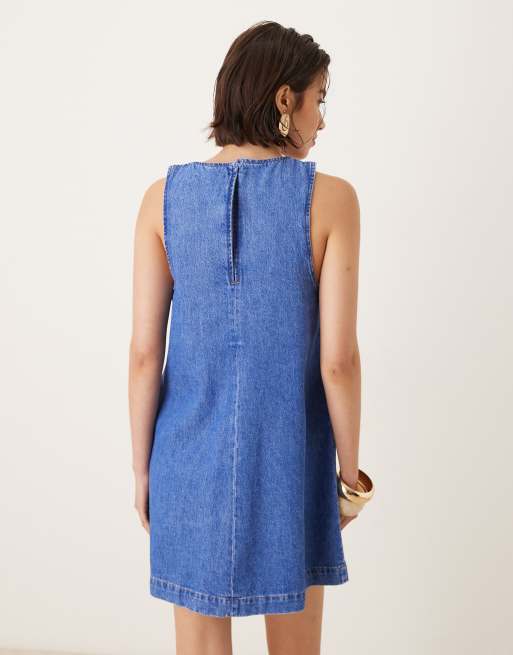ASOS DESIGN - Vestito corto svasato blu polvere con scollo a barchetta, 3 di 4