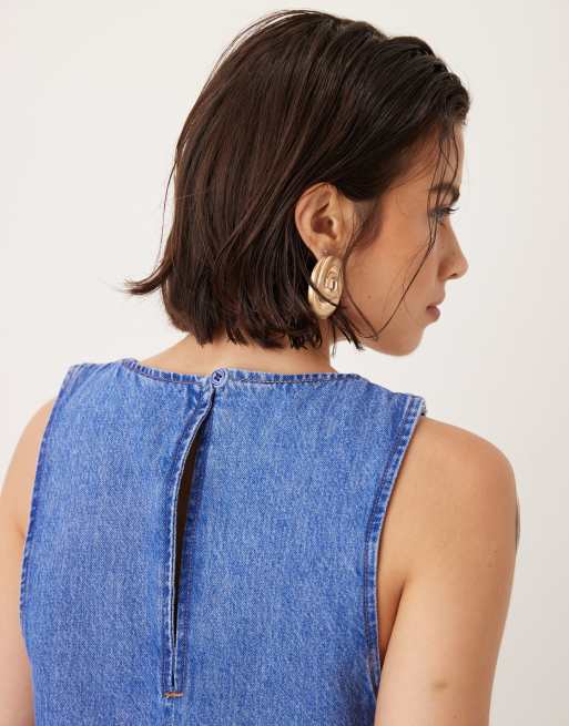 ASOS DESIGN - Vestito corto svasato blu polvere con scollo a barchetta, 4 di 4