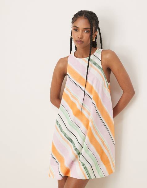 ASOS DESIGN - Vestito corto svasato con scollo a vogatore a righe arancioni e rosa - view 1