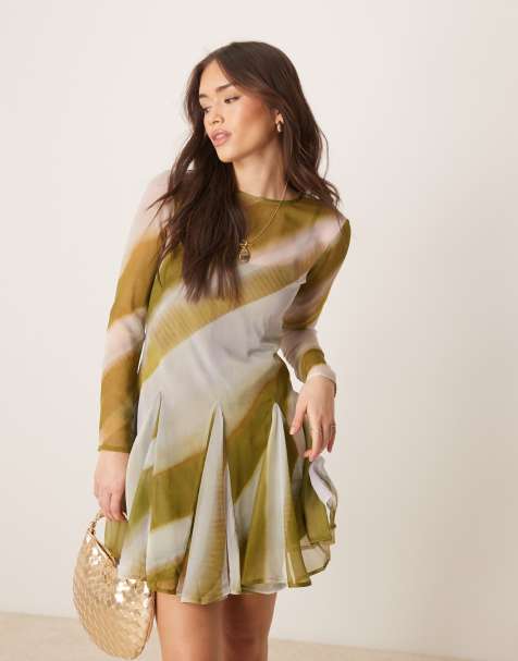 ASOS DESIGN - Vestito corto svasato in chiffon trasparente verde a righe - view 1