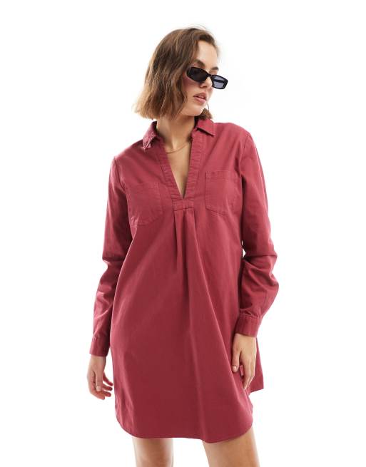 ASOS DESIGN - Vestito corto svasato in twill di cotone rosso lampone con orlo grezzo e tasche 