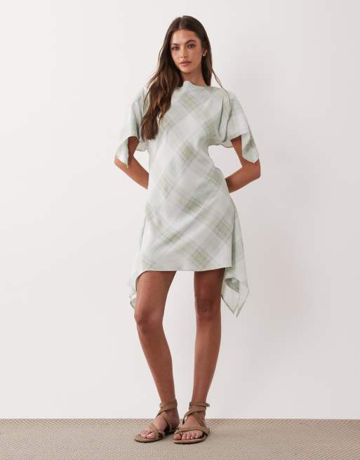 ASOS DESIGN - Vestito corto svolazzante verde a quadri con maniche a pipistrello, 2 di 4