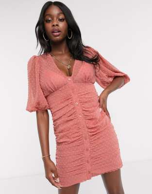 ASOS DESIGN - Vestito corto terracotta plumetis con maniche a palloncino e bottoni