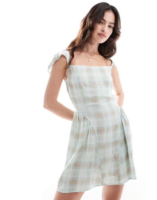ASOS DESIGN - Vestito corto verde a quadri con corpino aderente e gonna svasata e maniche ad aletta