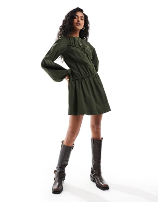 ASOS DESIGN - Vestito corto verde bosco con cucitura asimmetrica arricciata