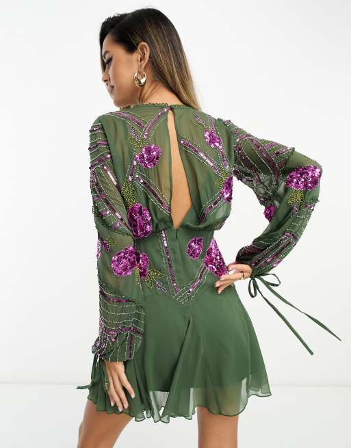ASOS DESIGN - Vestito corto verde decorato a maniche lunghe con inserti in pizzo e gonna godet, 2 di 4