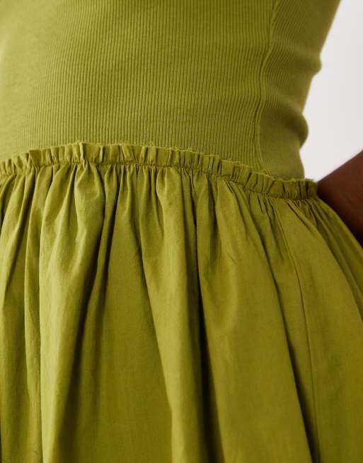 ASOS DESIGN - Vestito corto verde oliva con gonna in popeline e corpino a coste con bottoni e scollo rotondo, 3 di 4