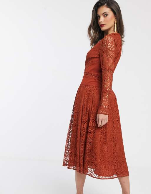 Asos Design Vestito Da Cerimonia A Maniche Lunghe In Pizzo Con Dettagli A Cerchio Asos
