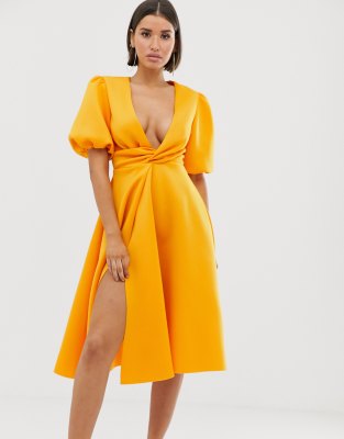 Vestito Da Cerimonia Midi Con Incrocio E Maniche A Sbuffo Asos Design Giallo Donna