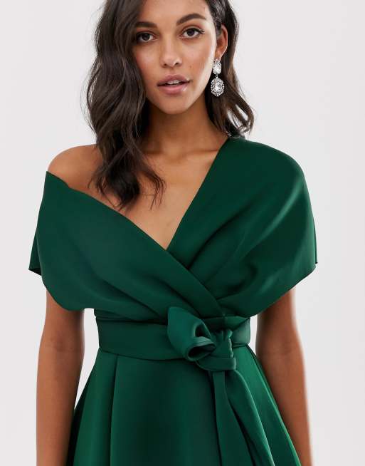 Asos Design Vestito Da Cerimonia Midi Verde Bottiglia Con Spalle Scivolate E Allacciatura In Vita Asos