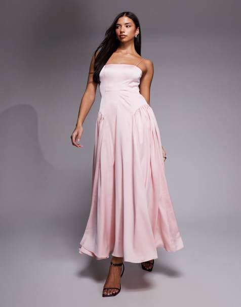 ASOS DESIGN - Vestito da cerimonia rosa con spalline sottili, gonna al polpaccio, dettagli allacciati e vita scesa - view 1