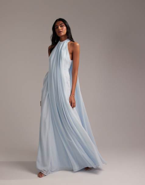 ASOS DESIGN - Vestito da damigella in stile greco azzurro allacciato al collo drappeggiato - view 1