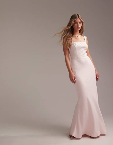 ASOS DESIGN - Vestito da damigella lungo rosa tenue in raso con scollo squadrato - view 1