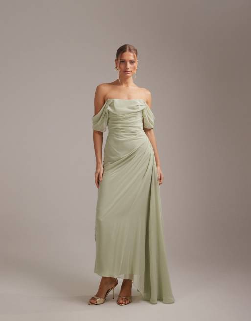 ASOS DESIGN - Vestito da damigella verde salvia in georgette con scollo alla Bardot, 5 di 5