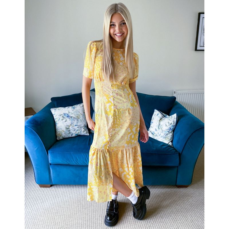 uh2Cy Donna DESIGN - Vestito da giorno a peplo midi giallo con stampa a fiori