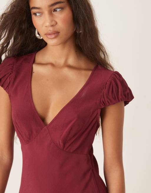 ASOS DESIGN - Vestito da giorno corto con maniche a sbuffo bordeaux, 4 di 4