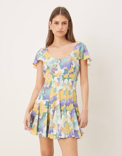 ASOS DESIGN - Vestito da giorno corto con orlo godet e stampa a fiori blu - view 1