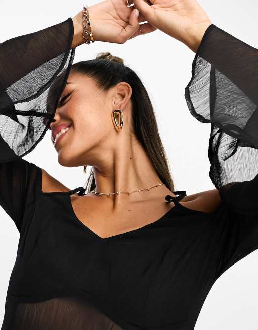 ASOS DESIGN - Vestito da giorno corto nero con spalline incrociate e pannello trasparente , 2 di 4