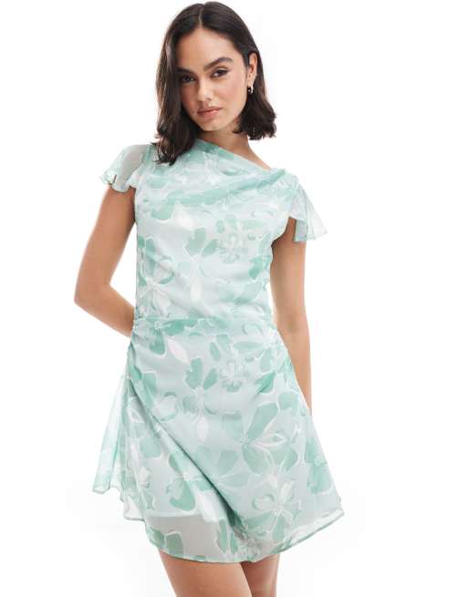 ASOS DESIGN - Vestito da giorno corto verde a fiori con scollo asimmetrico