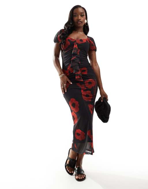ASOS DESIGN - Vestito da giorno in rete con volant, maniche a sbuffo e scollo a cuore con stampa di papaveri