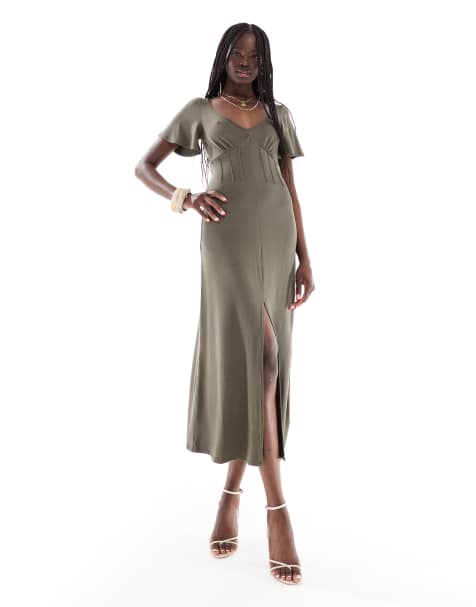 ASOS DESIGN - Vestito da giorno midi a corsetto kaki - view 1