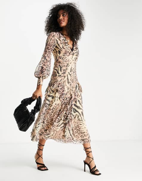 ASOS DESIGN - Vestito da giorno midi a maniche lunghe in plumetis con stampa animalier e finiture in pizzo con bottoni - view 1