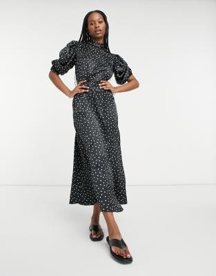 Vestito da giorno midi accollato aperto sul retro e arricciato in raso con stampa a pois monocromatici-Multicolore - ASOS DESIGN  donna Multicolore - immagine2