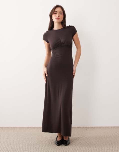 ASOS DESIGN - Vestito da giorno midi color cioccolato arricciato sul davanti - view 1