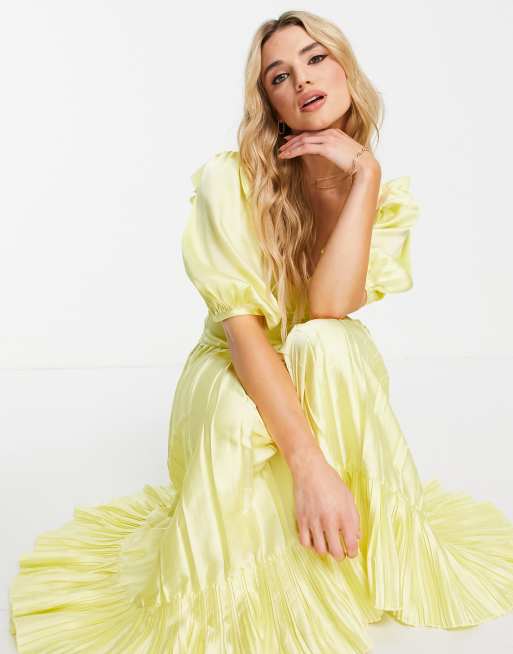 ASOS DESIGN - Vestito da giorno midi con scollo profondo in raso giallo a pieghe, 3 di 4