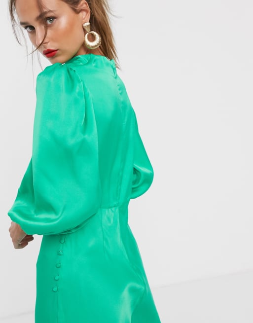 ASOS DESIGN - Vestito da giorno midi in raso con scollo ad anello e maniche a sbuffo, 3 di 4
