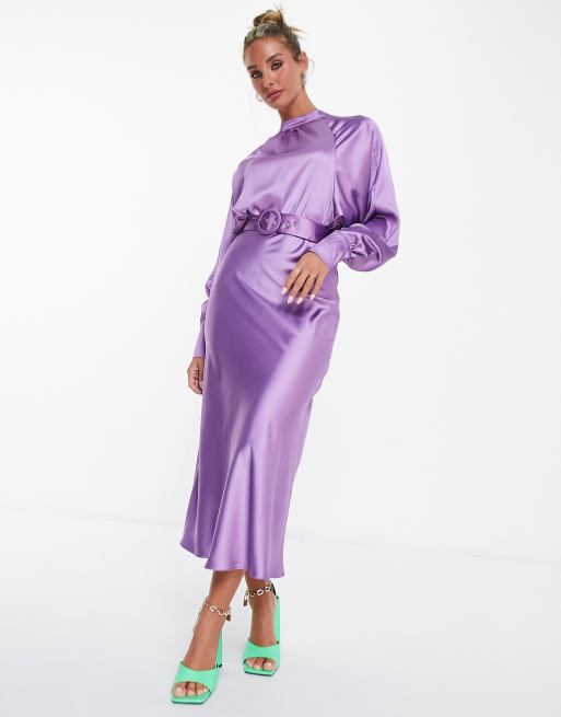 ASOS DESIGN Vestito da giorno midi in raso lilla a taglio sbieco con maniche lunghe e cintura