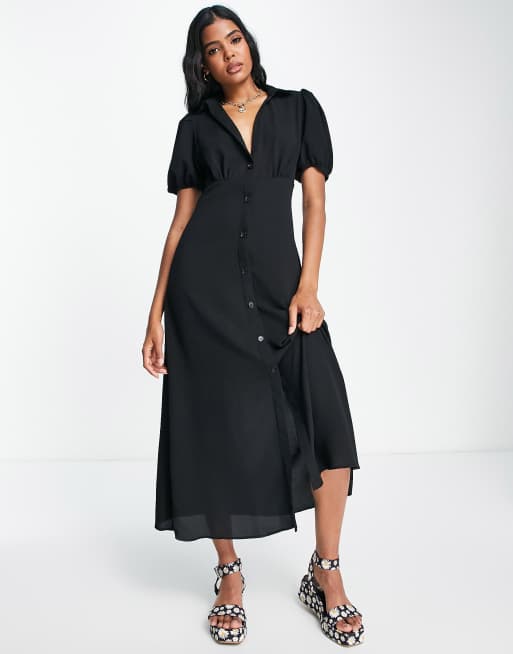 ASOS DESIGN - Vestito da giorno midi nero con bottoni sul davanti