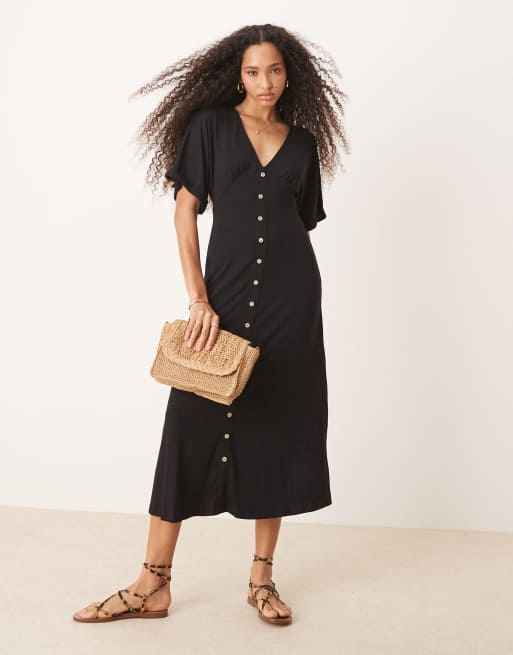 ASOS DESIGN - Vestito da giorno midi nero con maniche arrotolate e bottoni sul davanti, 2 di 4