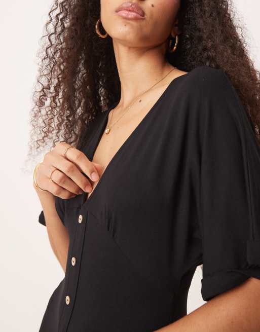 ASOS DESIGN - Vestito da giorno midi nero con maniche arrotolate e bottoni sul davanti, 3 di 4
