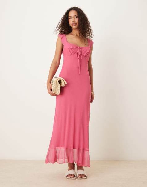 ASOS DESIGN - Vestito da giorno midi rosa in rete con volant doppi - view 1