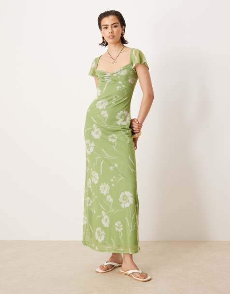 ASOS DESIGN - Vestito da giorno midi verde a fiori con dettaglio attorcigliato sul davanti e maniche con volant - view 1